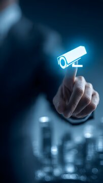 Business professional pointing at surveillance icon on virtual UI, blue city skyline.