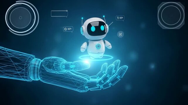 Futuristic AI Companion: A captivating glimpse into the future as a friendly robot companion is cradled in a digital hand, set against an illuminated high-tech background.
