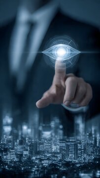 Business professional touching virtual surveillance icon, blue skyline, security concept.