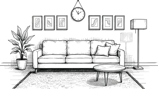 Hand drawn living room interior sketch featuring a comfortable sofa coffee table floor lamp wall clock and framed artwork line art illustration.