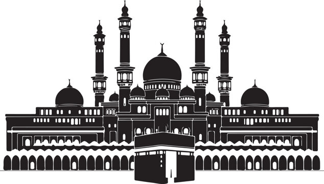 Black silhouette of a mosque with domes and minarets