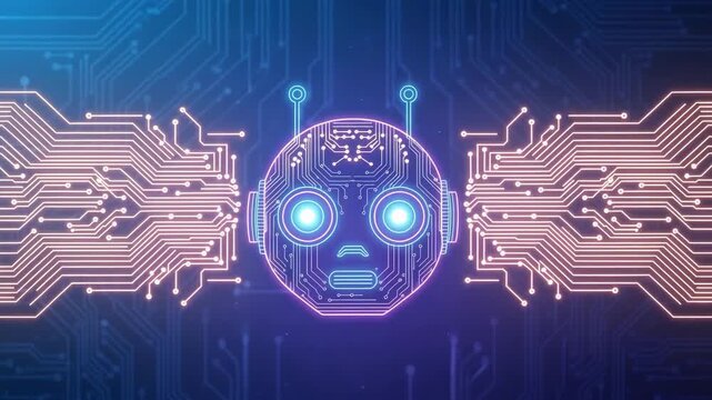 Cybernetic Sentinel: An intricate display showcases a futuristic robot face, framed by complex circuit board patterns.