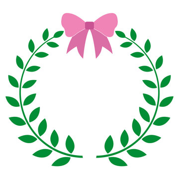 Illustration of a green laurel wreath with a bow on a white background