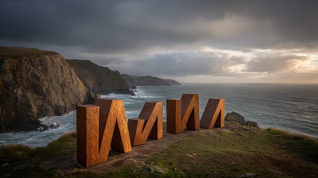 Large weathered metal letters spelling IMMA stand on a grassy cliff overlooking the ocean dramatic clouds above