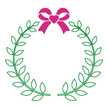 Illustration of a green laurel wreath with a pink bow on a white background