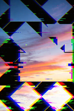 Abstract Digital Sky with Glitch Effect and Geometric Shapes