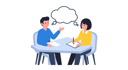 Obraz premium Two people sitting at a table talking.
