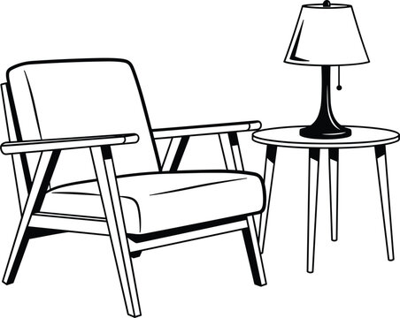 Hand drawn mid-century modern armchair and side table with classic table lamp line art vector illustration for interior design concepts.