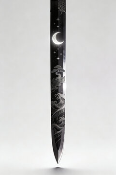 Decorative Sword Blade with Moon, Stars, Bonsai, and Ocean Wave Etchings