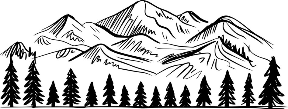 Hand-drawn black and white of mountains and pine forest silhouette nature tree