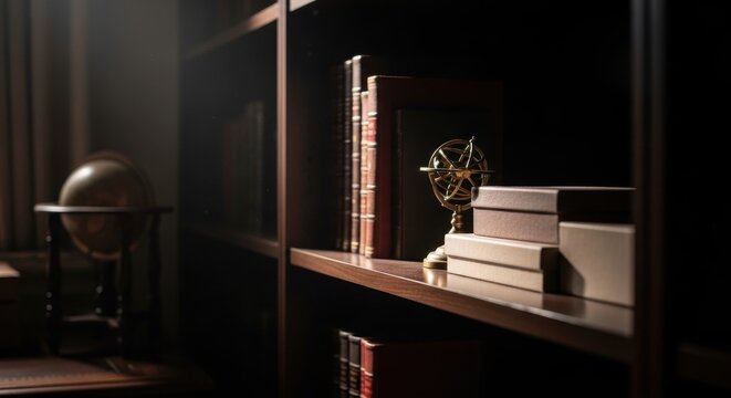Dark, richly stained bookshelves crammed with vintage books and an antique globe, inviting exploration of knowledge and history.