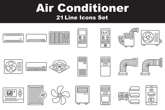 Air conditioner maintenance icon set line style set collection, simple vector icons for AC cleaning, repair, and servicing. Smart Climate Control, Portable AC Units, Thermostats, and Heating. HVAC
