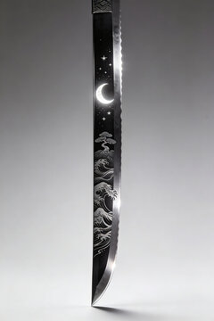 Blade with Moon, Stars, Trees, and Waves Engraved on Dark Metal Surface