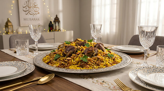 Lavish dining table set for Eid al-Adha feast with traditional rice and meat dish