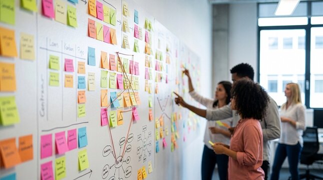 Sticky notes wall for planning and idea organization
Organized sticky notes on wall representing brainstorming, planning, and creative business strategy.