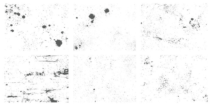 Set of black grunge textures on white background, distressed ink splatter, rough noise patterns, abstract worn overlays, high contrast, urban gritty style, minimal monochrome texture background.