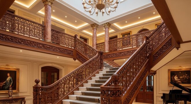 A Grand Interior Staircase with Intricately Carved Wooden Balustrades and Elegant Chandelier Lighting