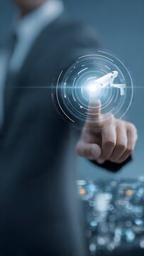 Smartphone with surveillance icon, charts, code, binary rings, AI security theme.