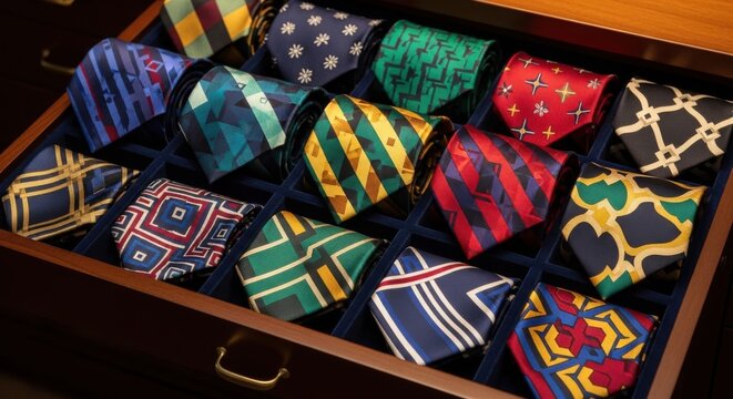 A meticulously organized collection of richly patterned silk ties, showcasing exquisite fabric designs and sartorial elegance in a luxurious drawer.