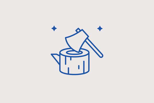 Axe in a tree stump line icon for traditional wood splitting and forestry labor. Classic vector illustration for firewood supply services and outdoor manual work blogs.