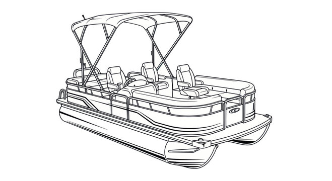 Pontoon Boat Outline Drawing Isolated on White Background