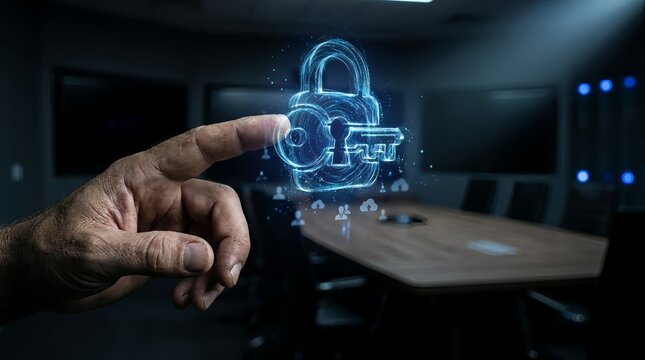 Man's hand points to glowing blue holographic padlock and key icon in a modern conference room, symbolizing digital security and access