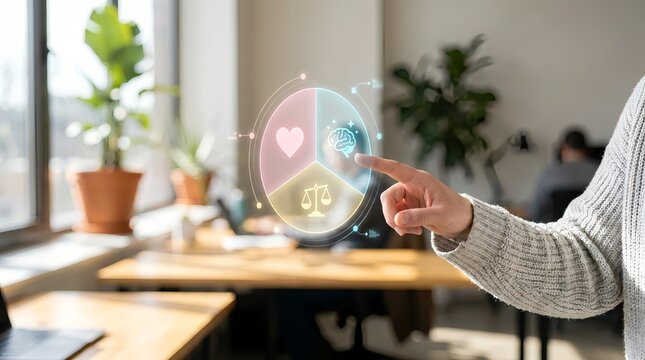 Person's Hand Interacting with Holographic Diagram of Life Balance: Health, Work, and Ethics