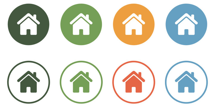 Web home icon house symbol for apps websites, main page navigation icon in circular shape, filled outline and stroke style variations, UI design vector illustration.