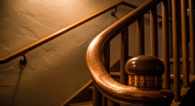 Close-up of a brushed copper handrail with a warm metallic glow on a textured staircase interior