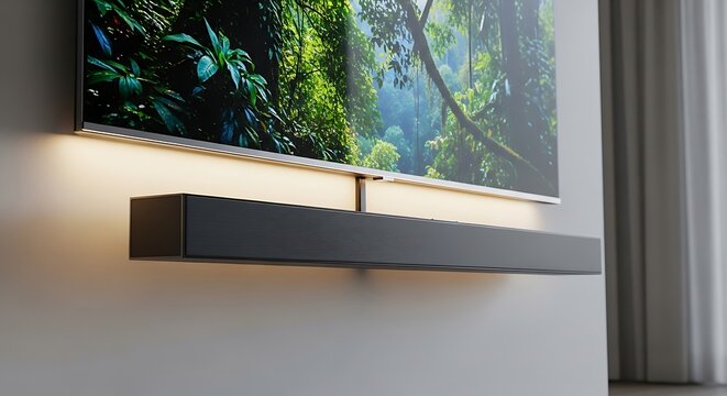 Modern soundbar mounted under television screen.