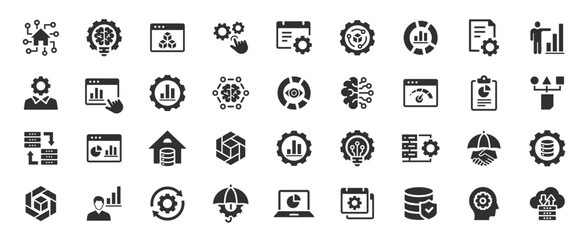 Fototapeta premium Data analysis and artificial intelligence icons with machine learning, database storage, business statistics and financial growth elements. Minimalist symbol collection for digital dashboards, AI soft