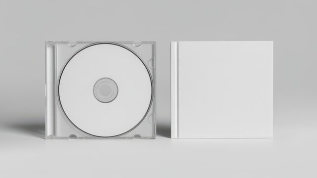 Blank CD jewel case mockup with disc and booklet on grey background