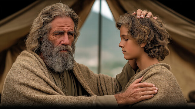 Isaac blessing Jacob, biblical scene of divine favor, family tension, and sacred ritual, intimate and meaningful moment