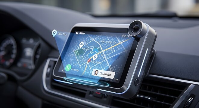GPS navigation device on car dashboard.