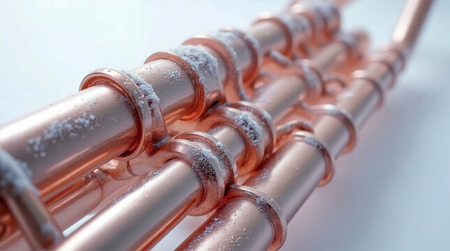 Ultra clean high-key studio image of a futuristic cryogenic cooling system with complex arrangement of polished copper and gold pipes