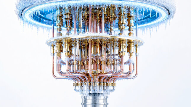 Ultra clean high-key studio image of a futuristic cryogenic cooling system with complex arrangement of polished copper and gold pipes