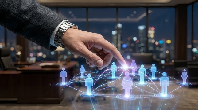 business professional interacting with futuristic ai hologram interface on office desk