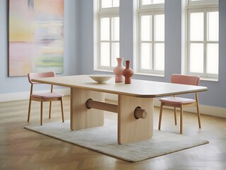 Fototapeta premium Modern light wood dining table set with pink chairs in a bright sunlit room