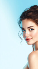 Fototapeta premium skincare banner with elegant brunette model and blue background, beauty cosmetic advertisement with copy space and glowing skin portrait, minimal skincare commercial design featuring woman 