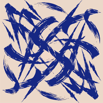 Banner background with dynamic diagonal blue brush strokes. Grainy brushstroke texture created by hand in a vector. Squiggle or aggressive, expressive, abstract smears on a vintage template with a dam