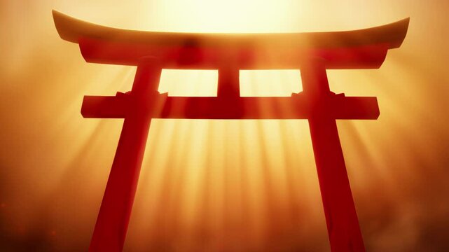 macro of soft volumetric god rays through torii gate mist, red accents in golden light