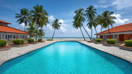 Fototapeta premium Scenic beachfront resort pool with palm trees and ocean view under blue sky during sunny day, tropical paradise for relaxation and vacation experiences