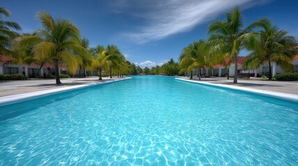 Fototapeta premium Serene Tropical Paradise with Crystal Clear Pool and Lush Palm Trees Under Bright Blue Sky