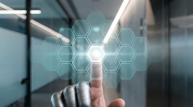 Hand interacting with futuristic hexagonal digital network interface on glass screen