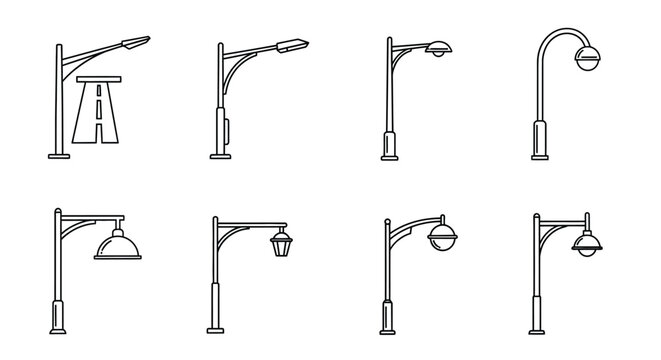 Eight different outline icons of street lamps and light posts for urban infrastructure.