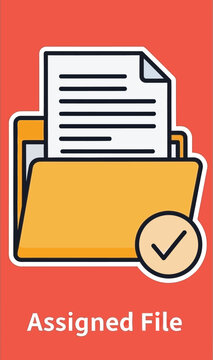 Folder icon containing a document with a checkmark indicates an assigned file status on a red background.