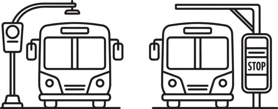 Front view outline of city buses at bus stops with signage and street lights