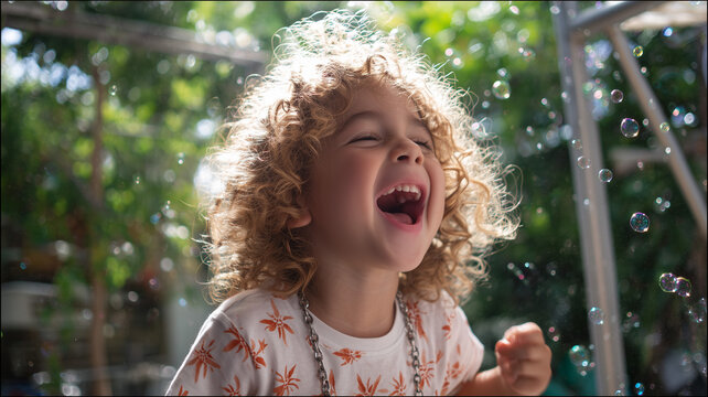 A candid portrait of a young child with voluminous light brown curly hair mid laugh with eyes shut and mouth wide open is captured outdoors. Ai generated