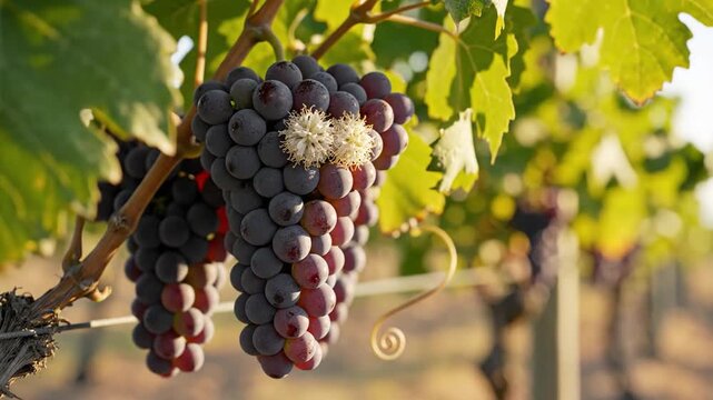 Ripe Purple Grapes Clustered on Vine with Clover Bloom