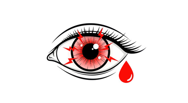 Red Eye Pain - Irritated, Inflamed Eye with Lightning Bolts and Tear Drop